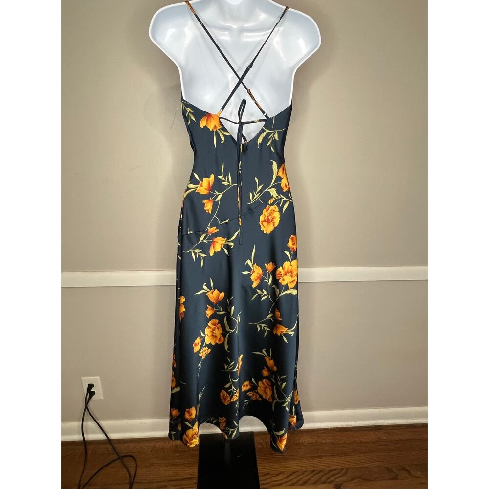 ASTR The Label Floral Satin Slip Midi Dress Navy Orange XS NWOT - Picture 5 of 8